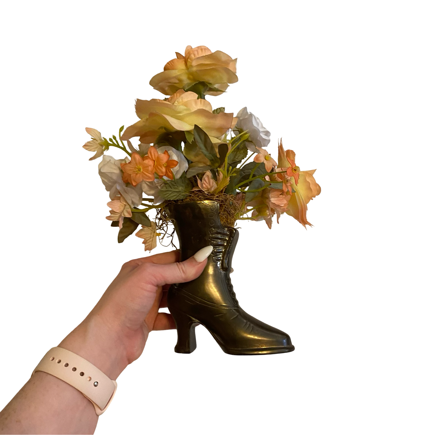 Brass Victorian Boot Vase with Faux Florals