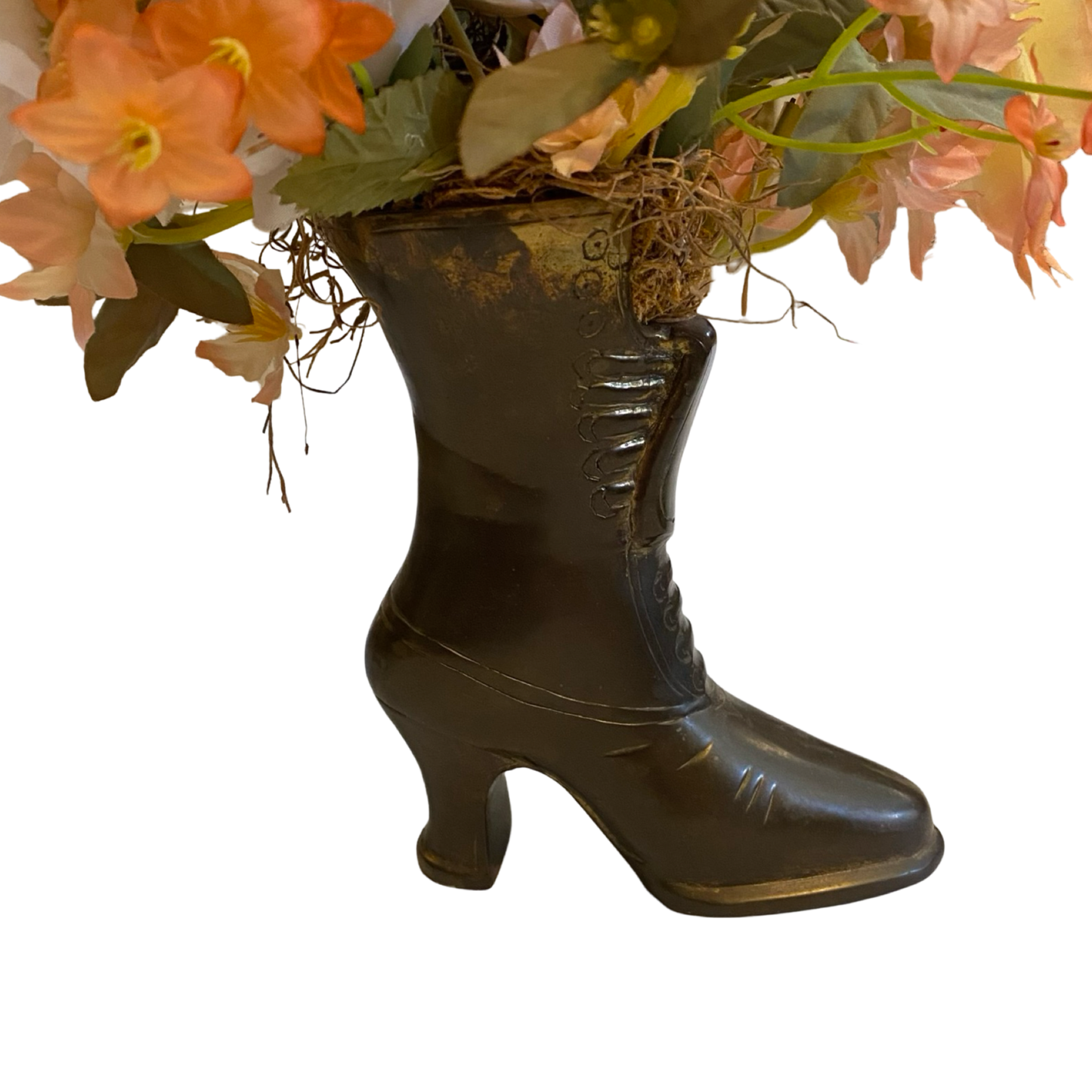 Brass Victorian Boot Vase with Faux Florals