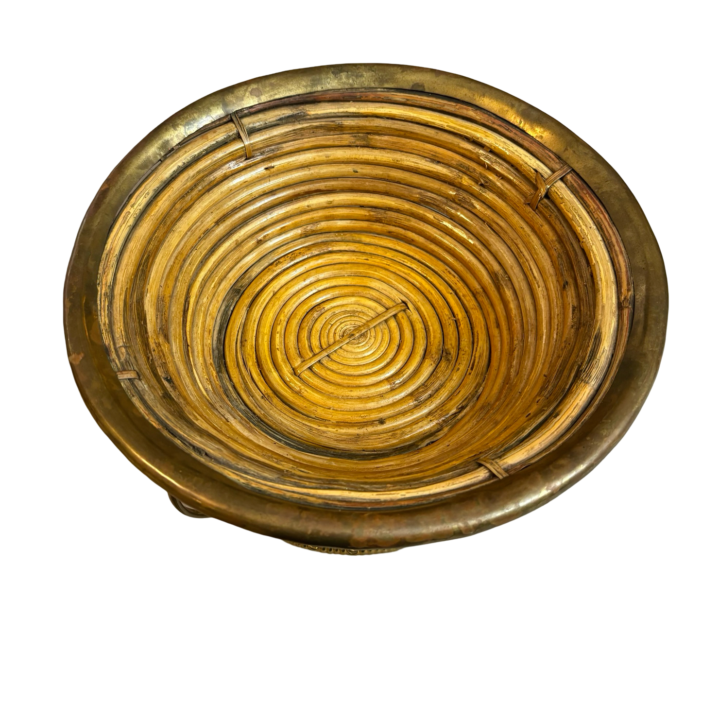 Vintage Italian Rattan Basket Bowl with Brass Trim in the Style of Gabriella Crespi