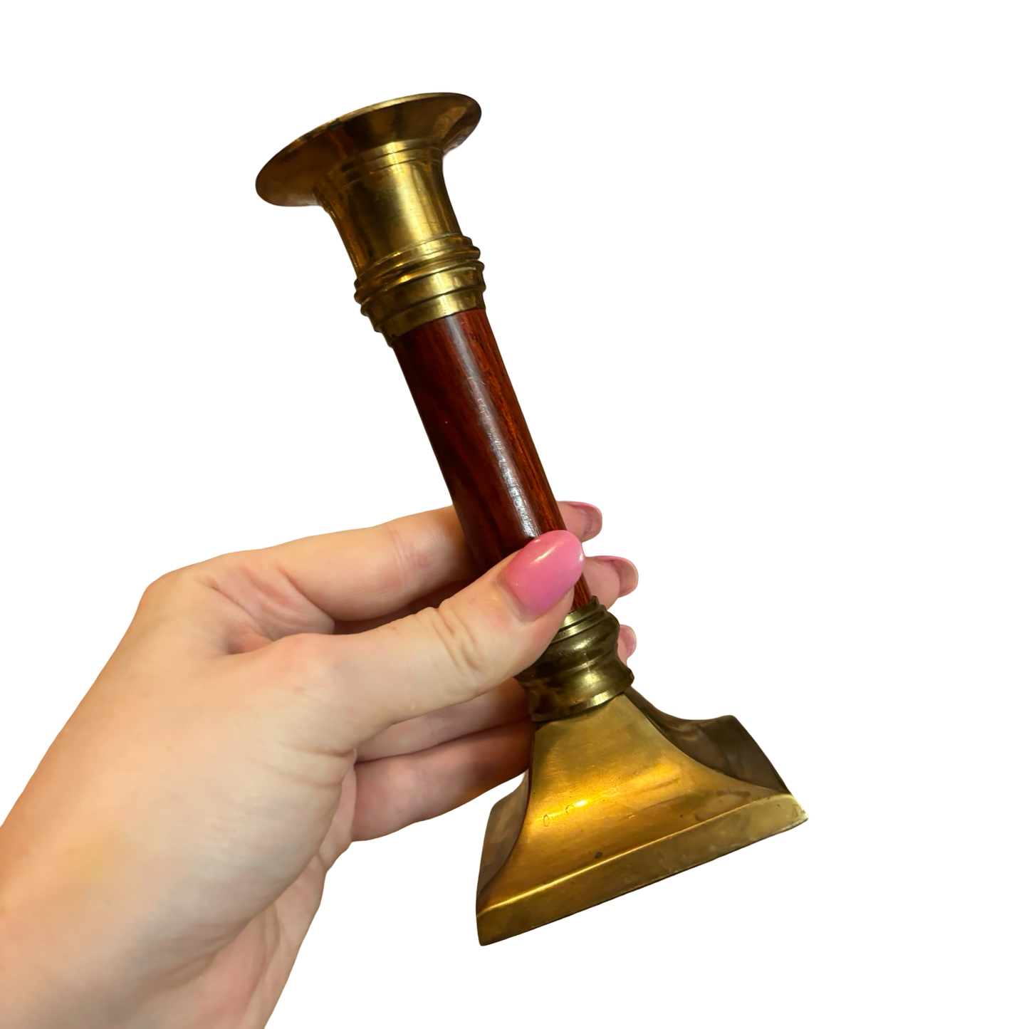 Brass and Wood Candle Holder Pair