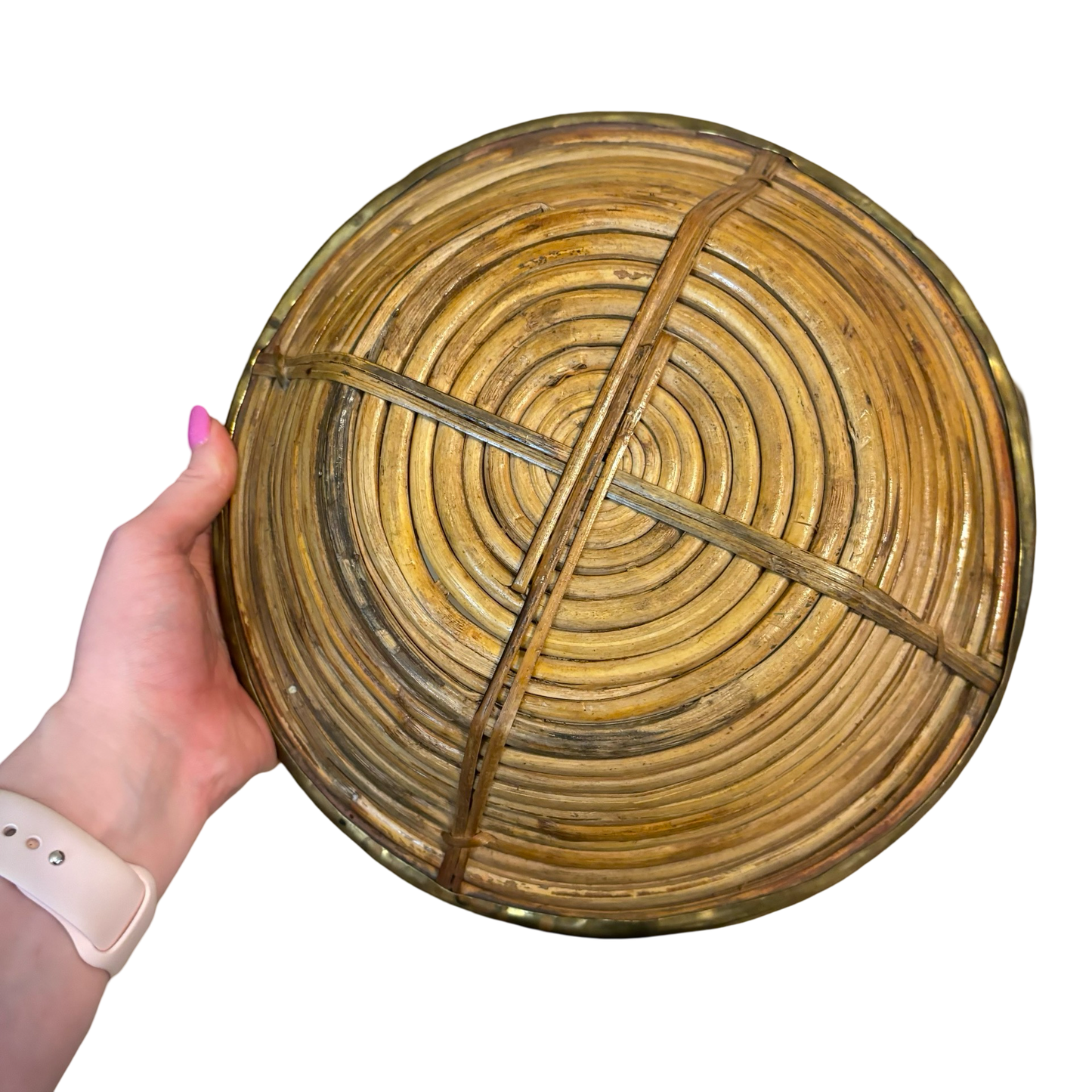Vintage Italian Rattan Basket Bowl with Brass Trim in the Style of Gabriella Crespi