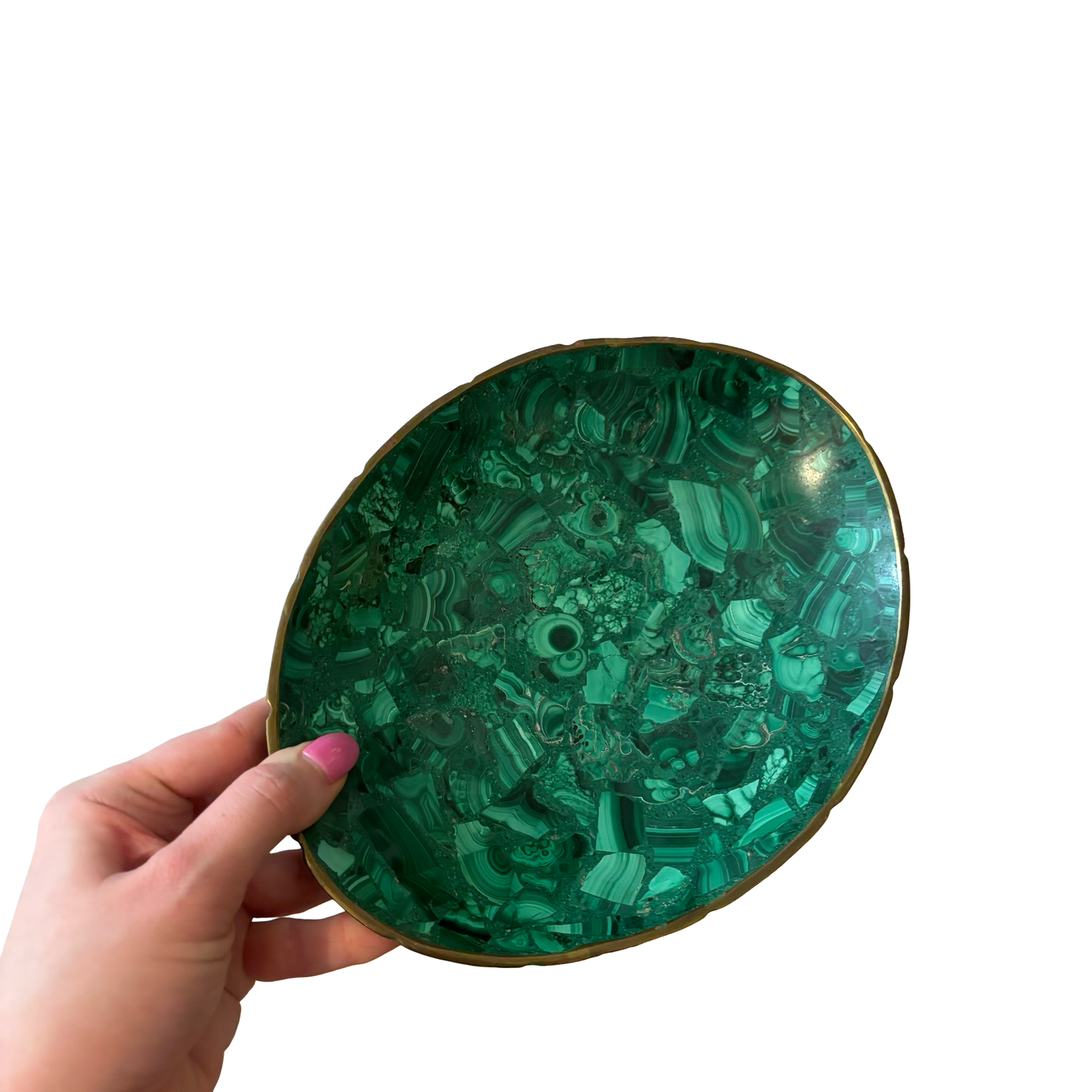 Large Brass Rimmed Malachite Bowl