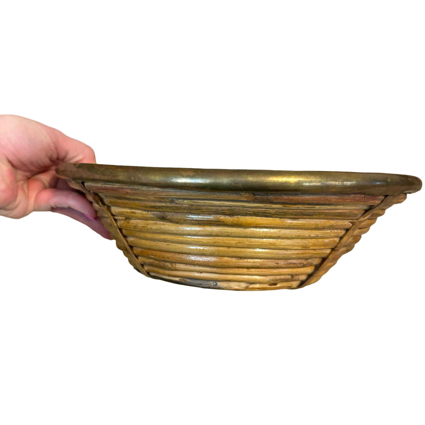 Vintage Italian Rattan Basket Bowl with Brass Trim in the Style of Gabriella Crespi
