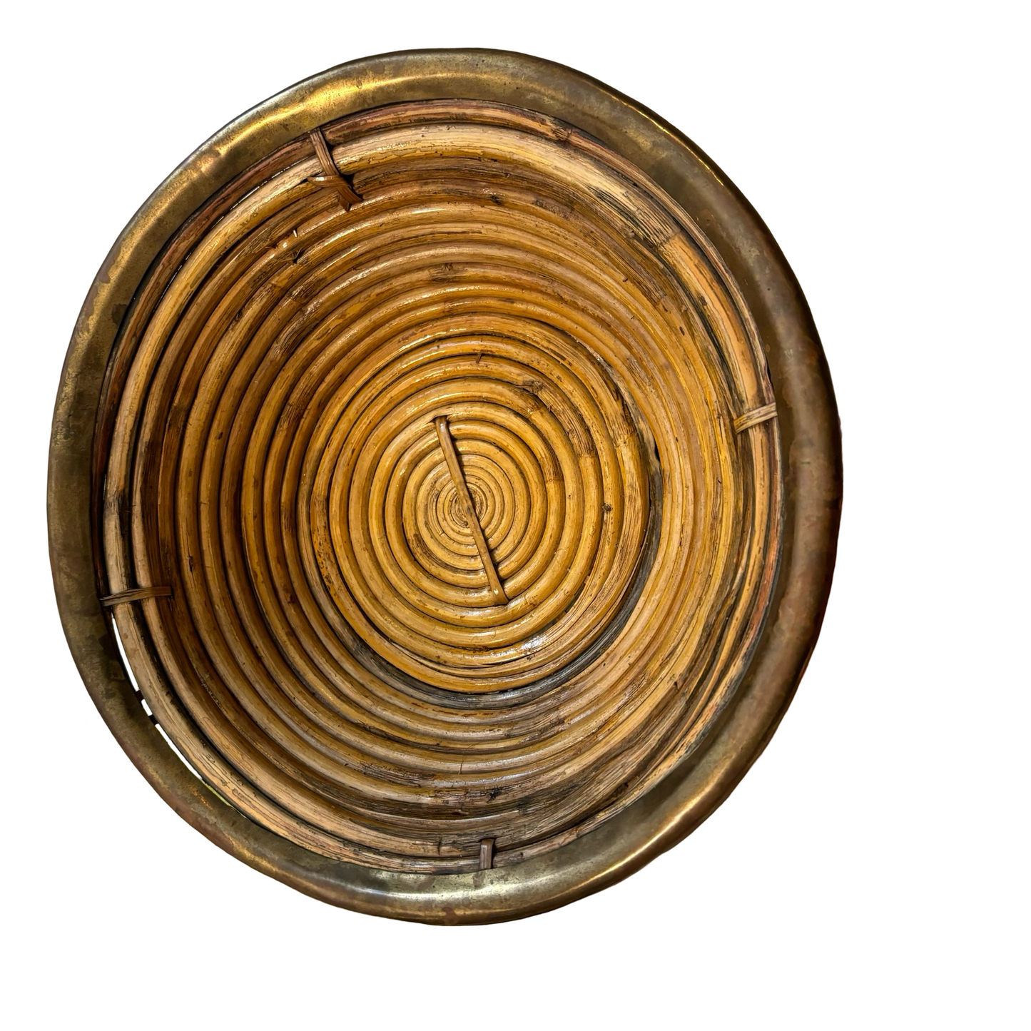 Vintage Italian Rattan Basket Bowl with Brass Trim in the Style of Gabriella Crespi