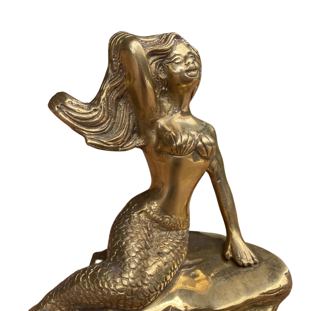 Large Brass Mermaid with Wooden Base