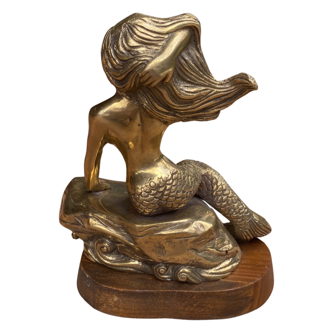Large Brass Mermaid with Wooden Base