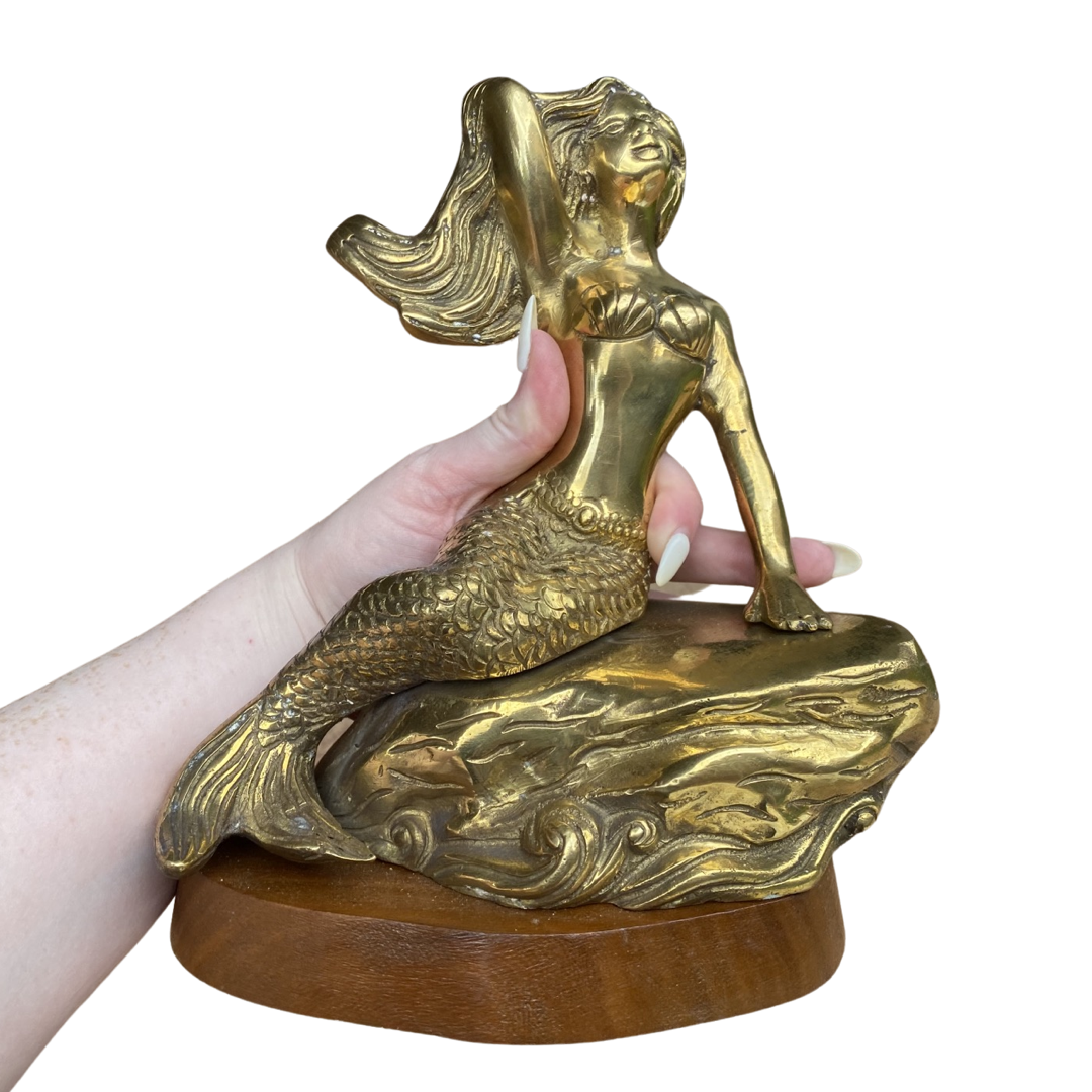 Large Brass Mermaid with Wooden Base