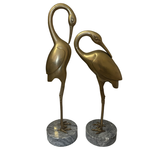 (Local Pickup Only) Large Brass Crane Pair Mounted on Gray Marble