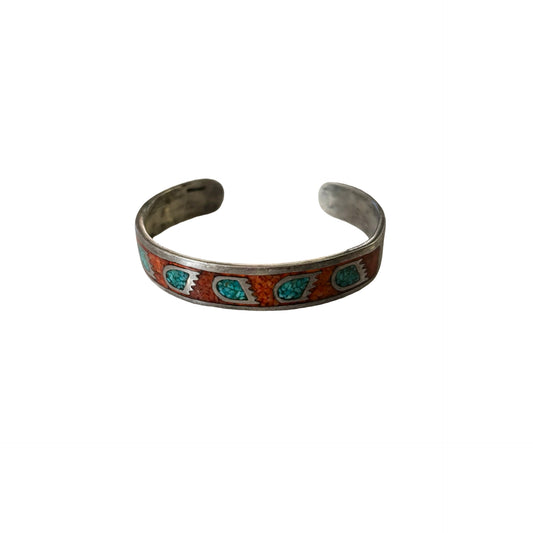 Sterling Silver Turquoise and Coral Inlay Cuff Bracelet