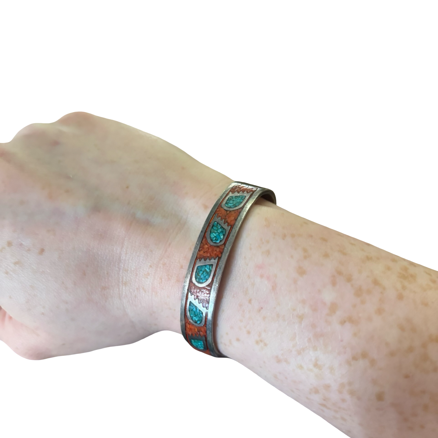 Sterling Silver Turquoise and Coral Inlay Cuff Bracelet