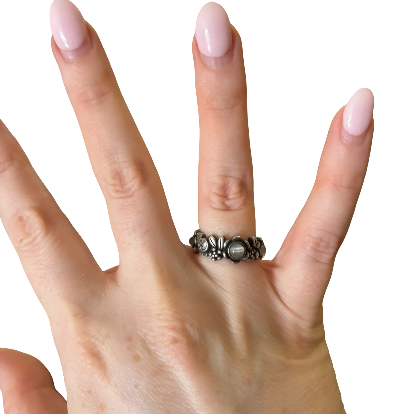 Sterling Silver Cat Eye Cabochon Stone Floral Ring