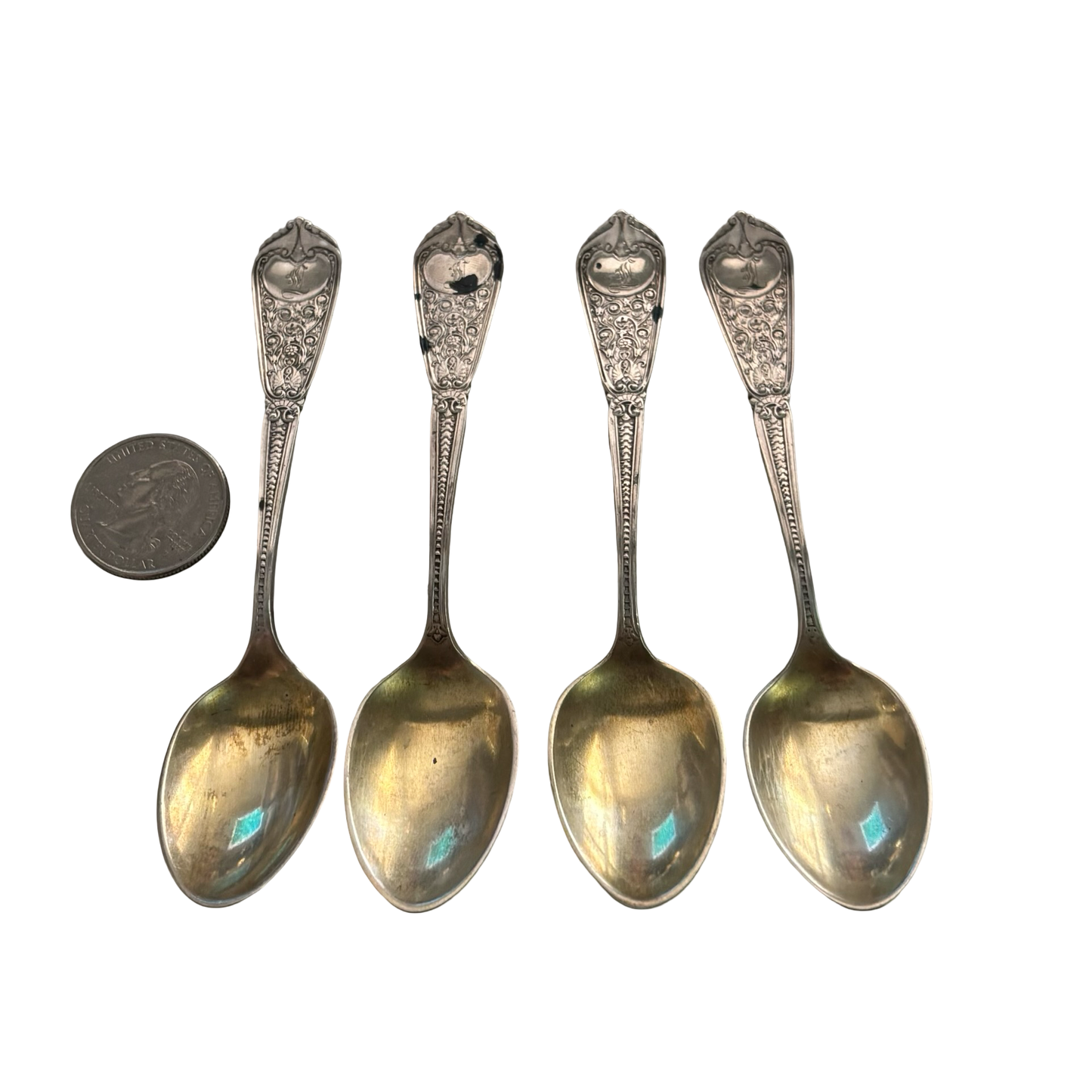 Sterling Silver Monogrammed L Spoon Set of Four with Gold Wash