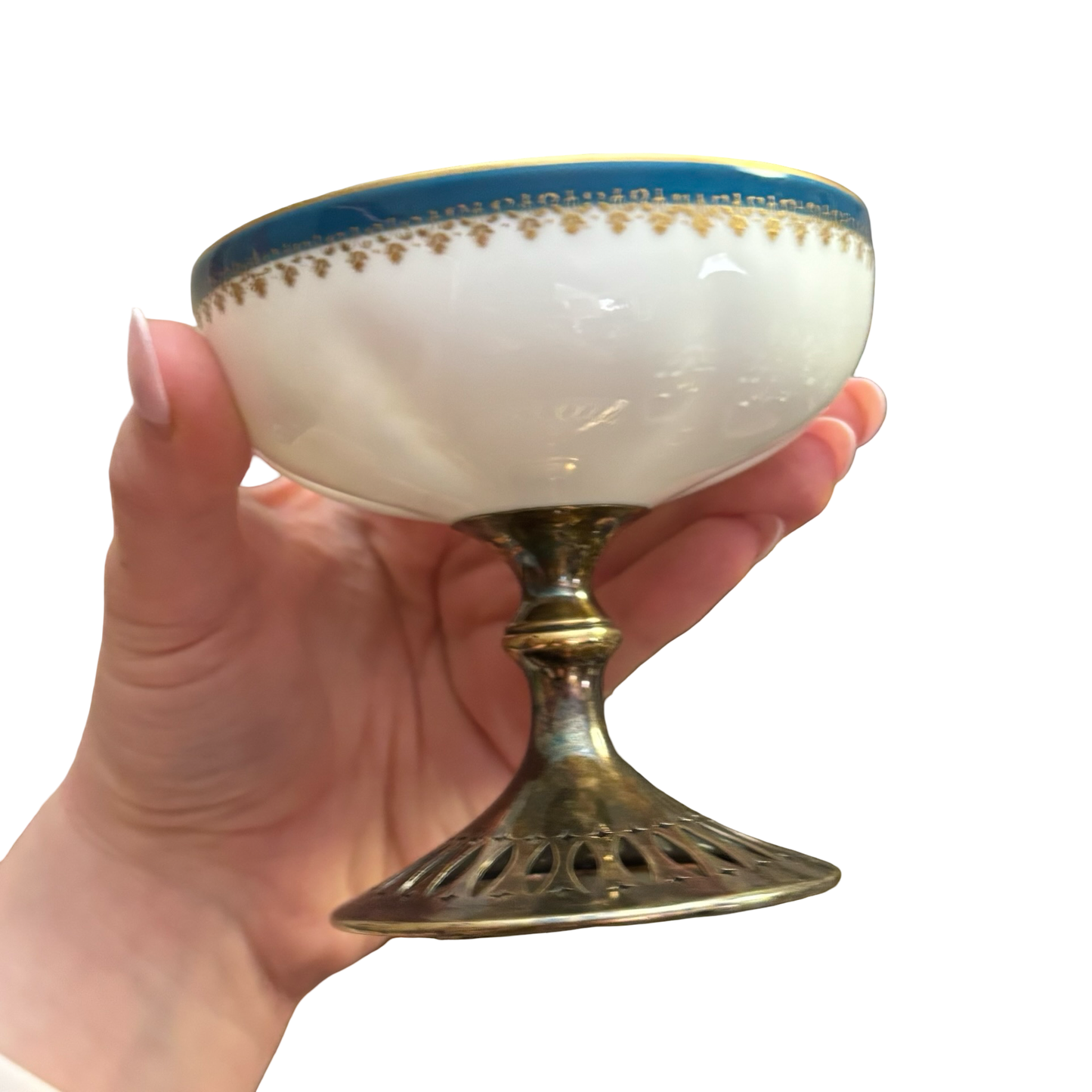 Sterling Silver Stemmed Porcelain Sherbet Cups with Floral Motif