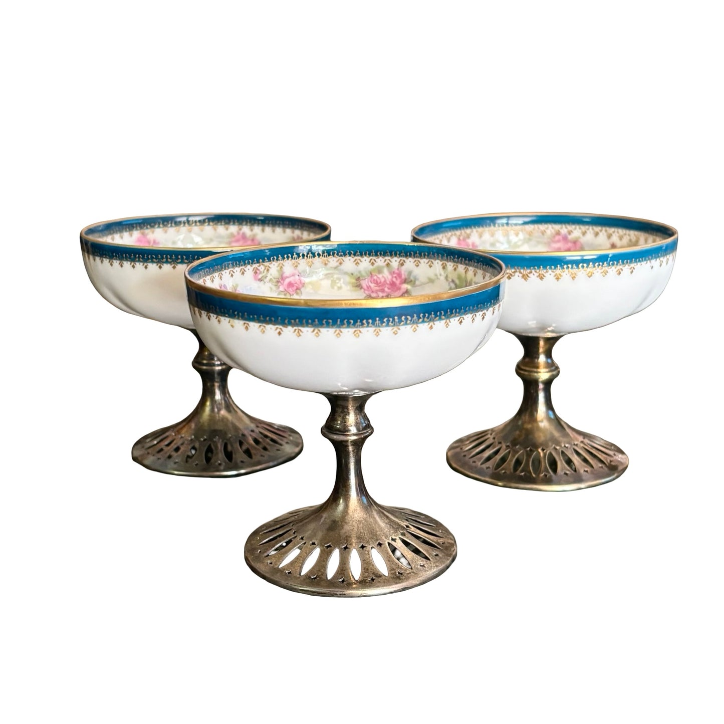 Sterling Silver Stemmed Porcelain Sherbet Cups with Floral Motif
