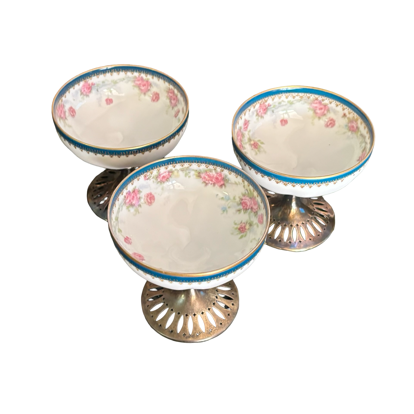 Sterling Silver Stemmed Porcelain Sherbet Cups with Floral Motif