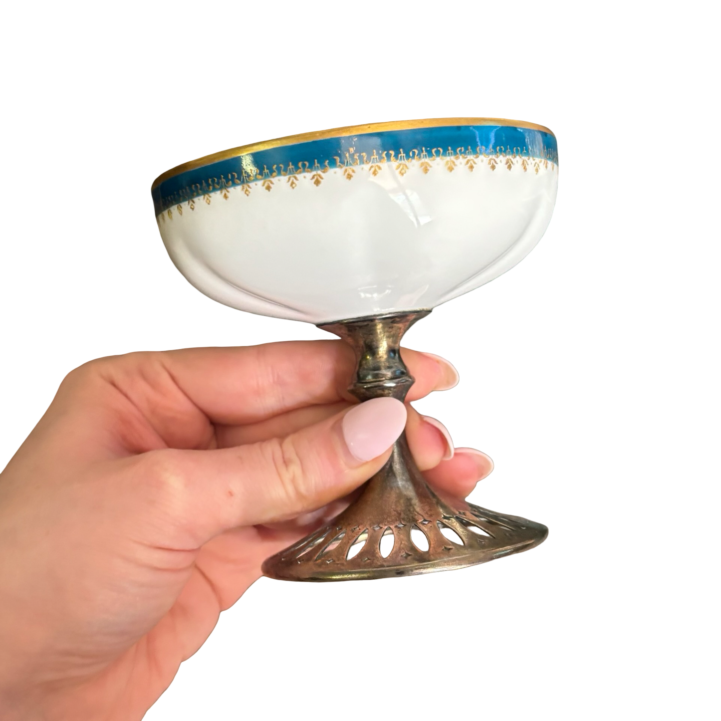 Sterling Silver Stemmed Porcelain Sherbet Cups with Floral Motif