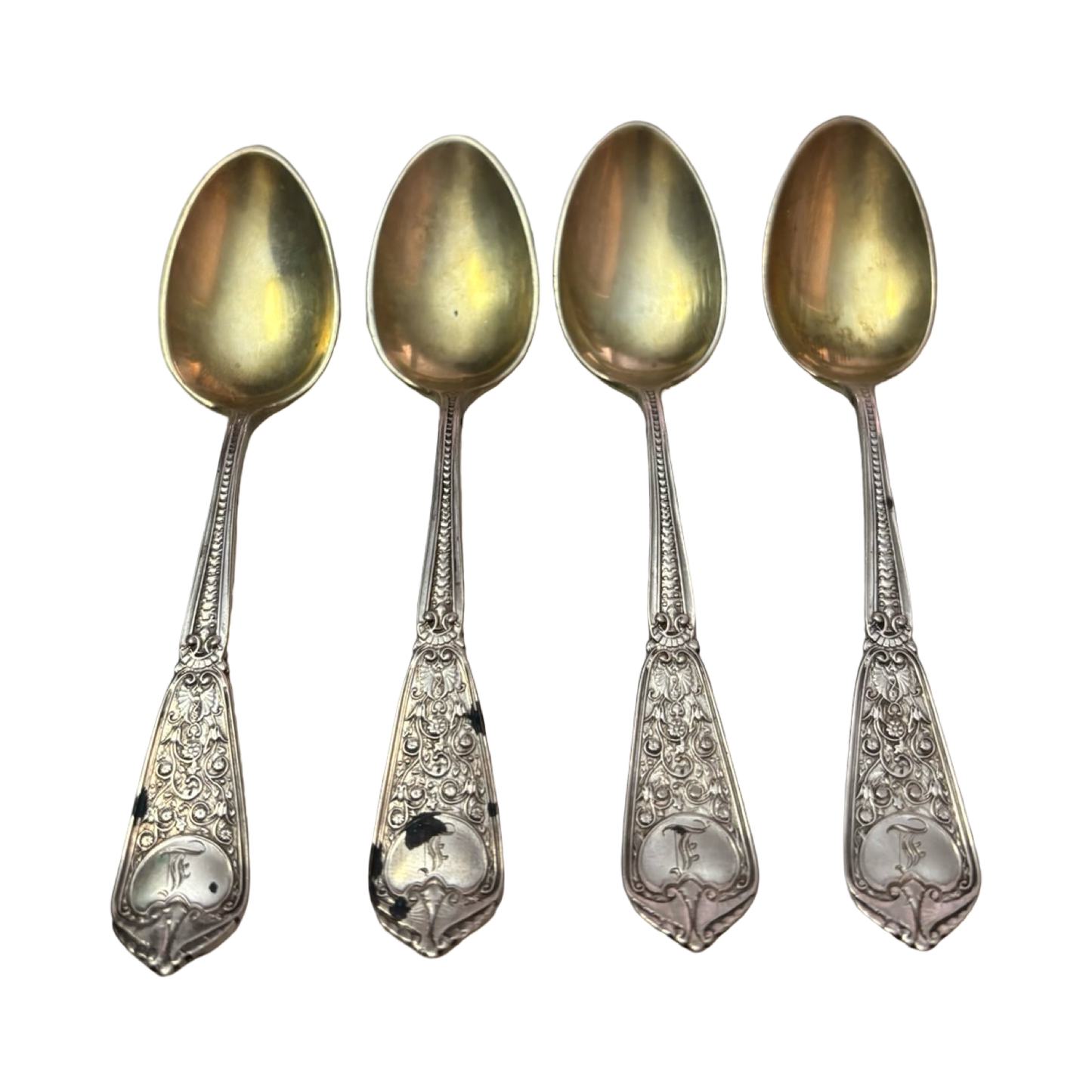 Sterling Silver Monogrammed L Spoon Set of Four with Gold Wash
