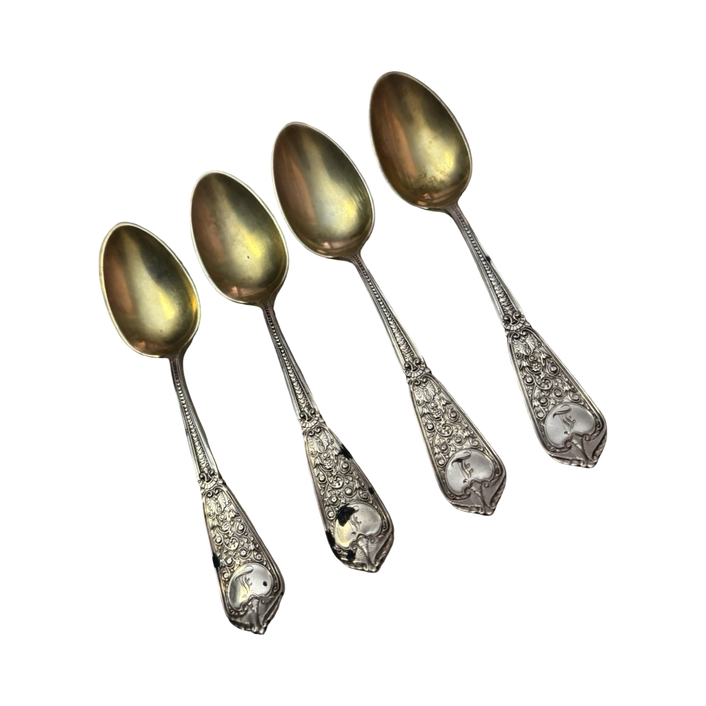 Sterling Silver Monogrammed L Spoon Set of Four with Gold Wash