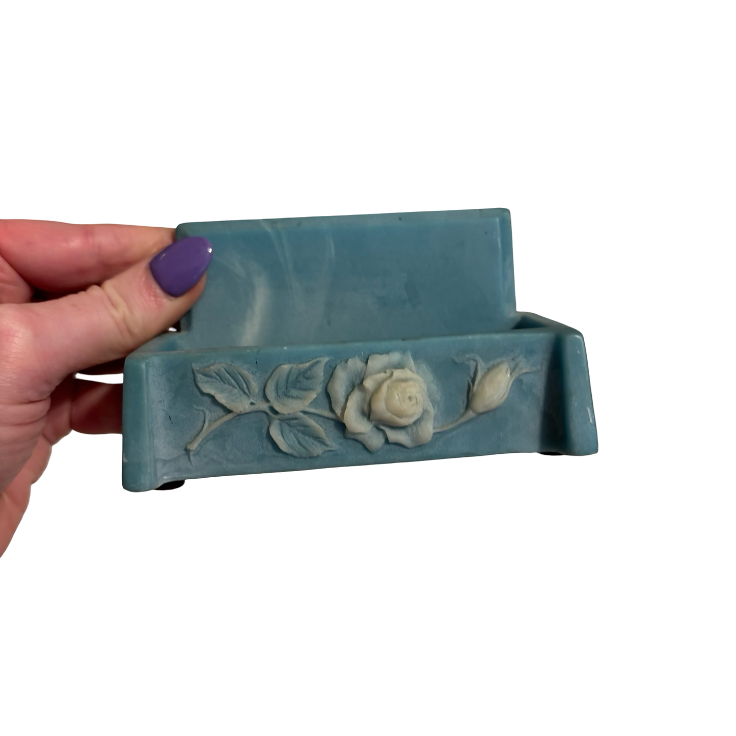 Blue Incolay Stone Rose Business Card Holder