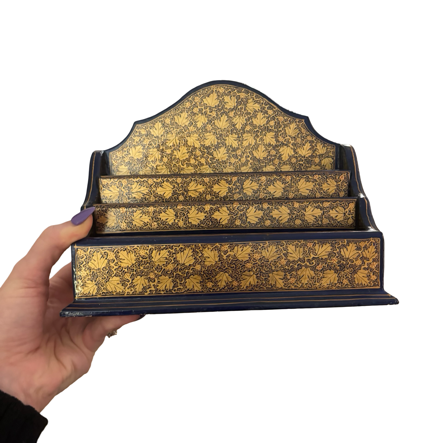 Lacquered Blue and Gold Wooden Letter Holder