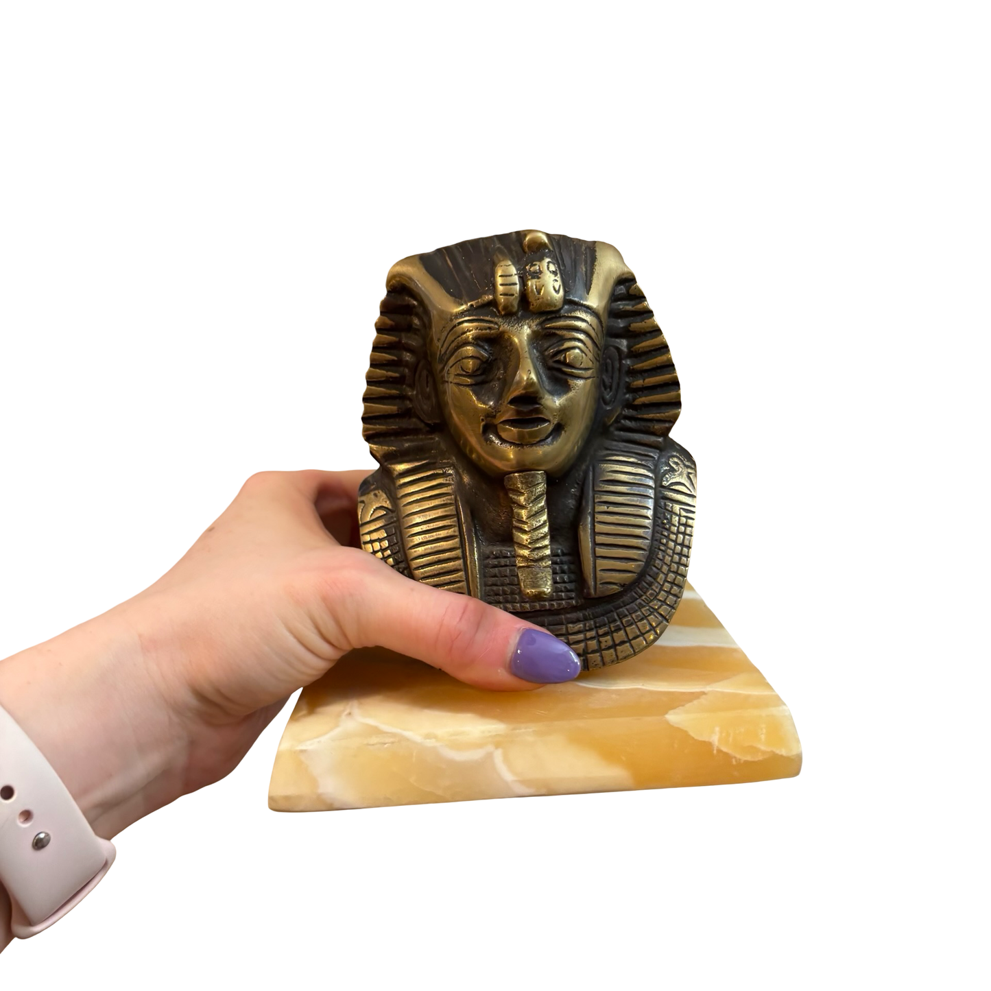 Brass King Tutankhamun Bust on Stone Base