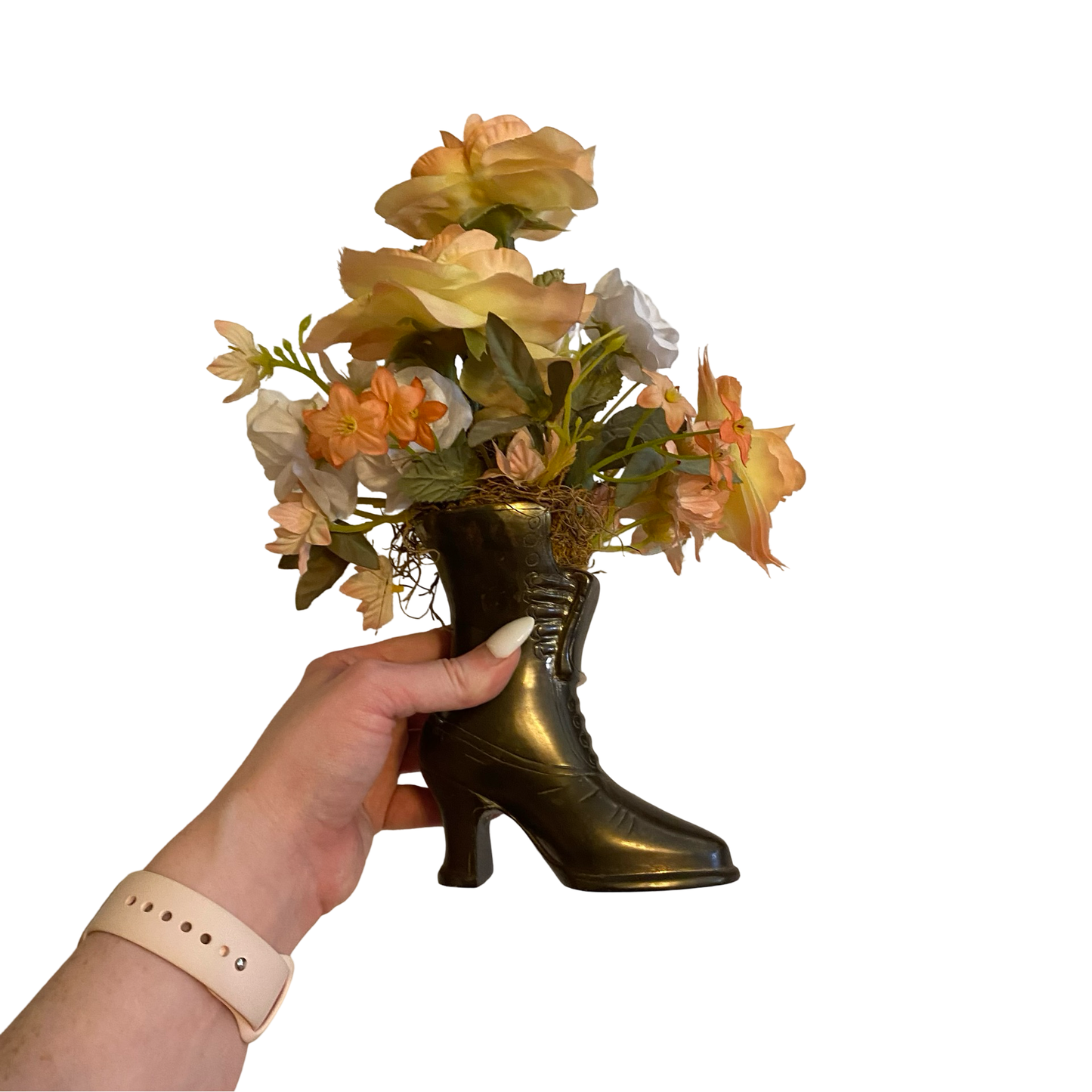 Brass Boot Vase with Faux Florals