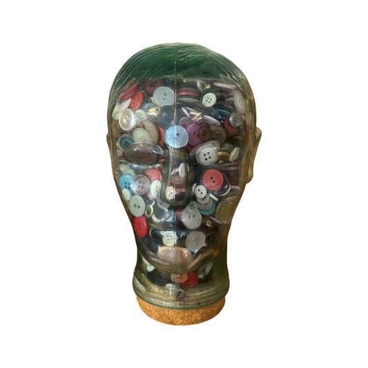 Glass Mannequin Head Filled with Buttons
