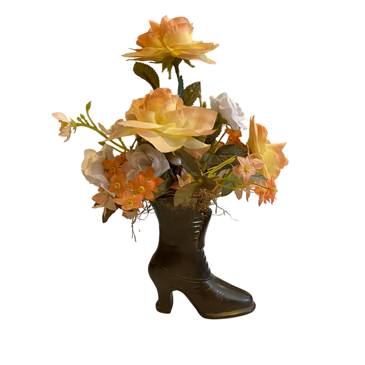 Brass Victorian Boot Vase with Faux Florals