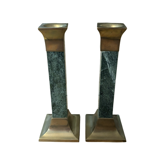 Brass and Green Marble Candlestick Pair