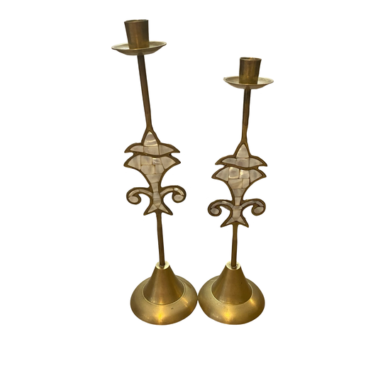 Mother of Pearl Brass Candlestick Pair