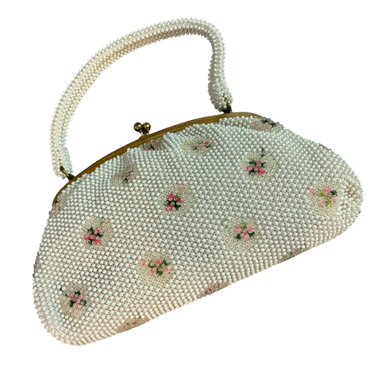 White Floral Corde Bead Purse