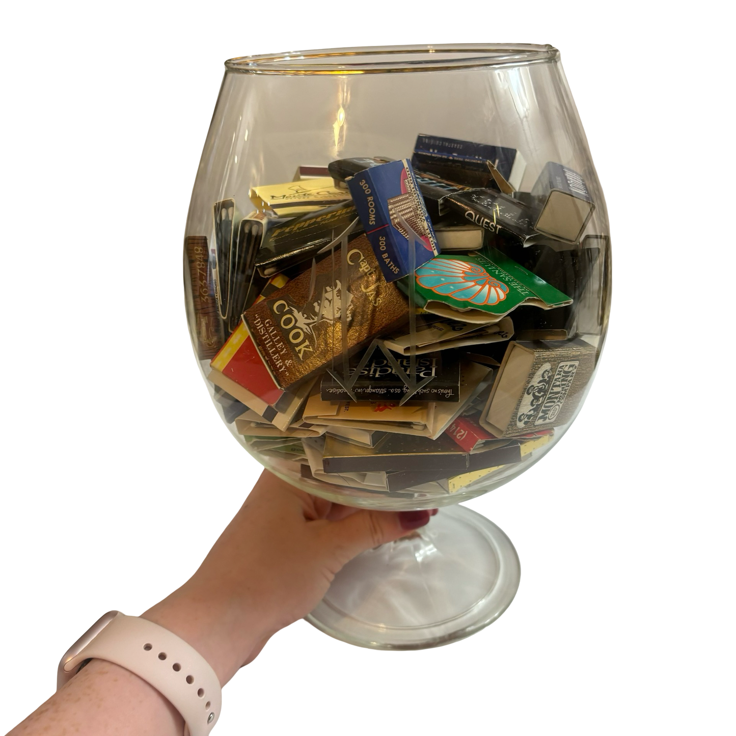 Large Glass Pedestal Bowl with Etched Gothic W Filled with Matches