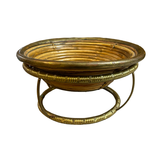 Vintage Italian Rattan Basket Bowl with Brass Trim in the Style of Gabriella Crespi