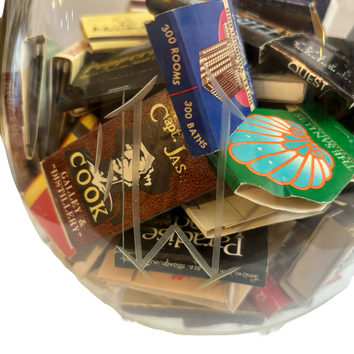 Large Glass Pedestal Bowl with Etched Gothic W Filled with Matches