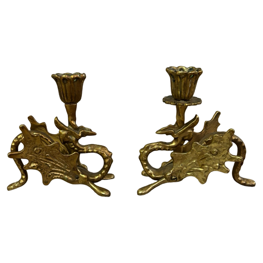 Pair of Brass Dragon Candlesticks