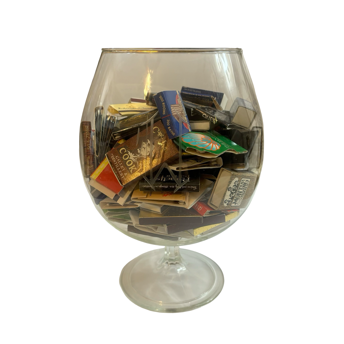 Large Glass Pedestal Bowl with Etched Gothic W Filled with Matches