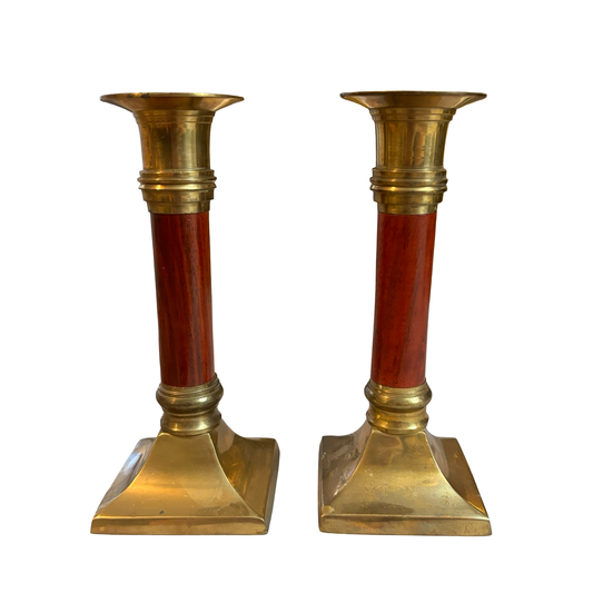 Brass and Wood Candle Holder Pair