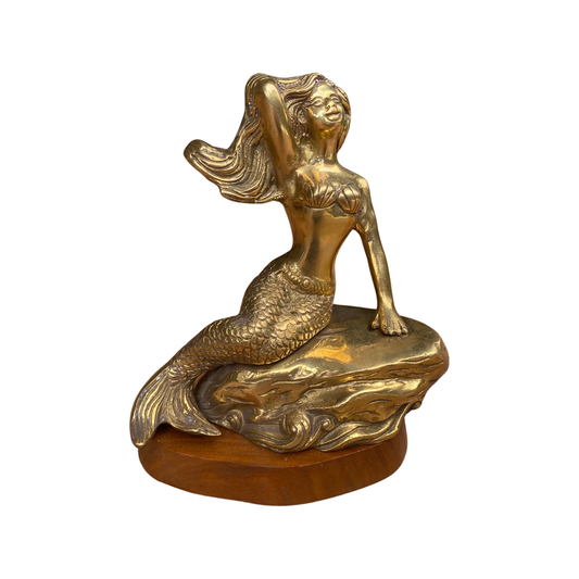 Large Brass Mermaid with Wooden Base